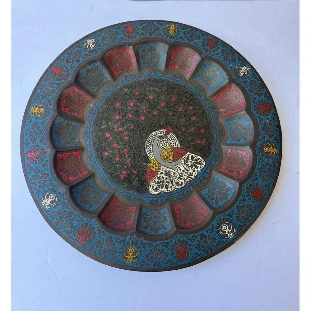 Vintage Old Brass Peacock Design Inlay Work Carved Serving Tray Plat Rich 13
